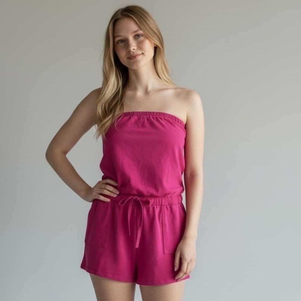 New York & Company Strapless Drawstring Pink Women's Romper